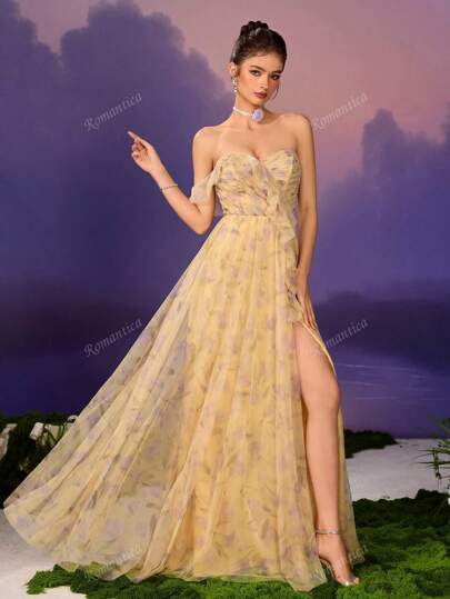 Abito con stampa floreale, ornato di volant e con sovrapposizione in rete, elegante per feste, Abito da sera lungo con maniche lunghe da donna, abito da ballo formale, adatto per matrimoni, lauree, cene