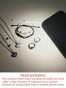ATLVXJL 6pcs/Set Glow-In-The-Dark Heart Pendant Necklace, Bracelet, And Ring Set, Stainless Steel Magnetic Clasp Couple/Friendship Jewelry, Suitable For Everyday Wear And Valentine's Day Gift