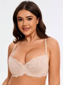 MELENECA MELENECA Women's Sexy Lace Push Up Plus Size Sheer Balconette Underwire Unlined Bra