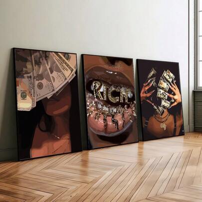 1/3 peças sem moldura moda preta mulher dinheiro arte de parede pôster impressão em tela pop arte estética decoração pintura de moda para quarto feminino, quarto, sala de estar, decoração de casa moderna