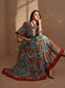 Elegant Romantic Print With Solid Color Fabric Belt Decorated Women's A-Line Vacation Dress