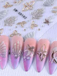 2 Pieces Of Summer Hot Stamping Jellyfish Shell Relief Nail Art Stickers - Summer Ocean Fresh And Simple Hot Stamping White Jellyfish, Shell, Starfish And Small Flower Art Design, 5D Relief Technology, Suitable For Women's Disposable Self-Adhesive Back Adhesive Nail Art Stickers, Summer Ocean Simple Theme Style, Easy To Stick Nail Decoration Stickers