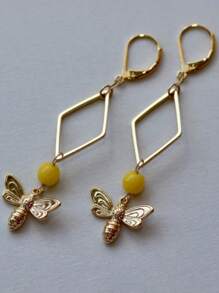 2pcs Stylish Bee Rhombus Design Metal Golden Color Pendant Earrings For Women, Suitable For Garden Party, Outings, Daily Wear