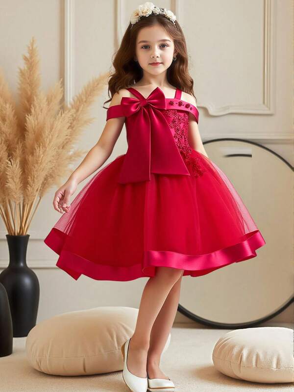 Tween Girl Off Shoulder Strap Dress, Bow Beaded Wedding Party Gown, Princess Dress