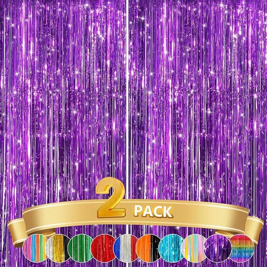 2Pack Silver Metallic Tinsel Foil Fringe Curtains, Door Streamer Photo Booth Backdrop Birthday Wedding, Graduation Engagement Bridal Shower Bachelorette Party Decorations Dancing Ball Party - 紫色 - 查看 1
