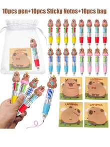 6/12/24/30 pièces Stylos Capybara en vrac 4-en-1 stylo à bille multicolore avec des notes autocollantes mignonnes de Capybara. Bloc-notes autocollants de Capybara de dessin animé pour cadeaux d'anniversaire, prix, faveurs de fête (aléatoire)