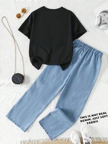 2件套青少年女孩休闲时尚蝴蝶贴片短袖上衣和直筒裤套装 - 黑色 - 查看 2