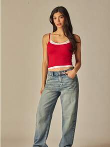 BLUSA  Color combinado  Colorblock    Casual    Ribete en contraste  Canalé    Playa    VERANO - Rojo - Ver 4