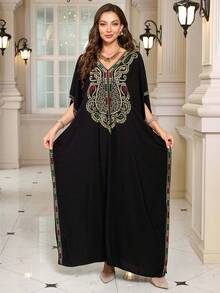Bohemian Black Embroidery Kaftan 2025 Summer Plus Size Batwing Sleeves House Dress Vacation Outfits