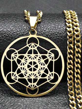 Collar de acero inoxidable con el Cubo de Metatrón de geometría sagrada en color dorado, un poderoso amuleto espiritual para chakras, para mujeres y hombres