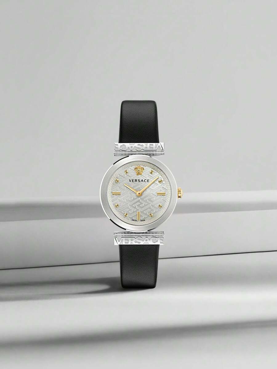 Versace Black Leather Strap Wrist Quartz Watch For Women With Silver -Tone Stainless Steel Case Watch Ladies' Elegant Gift Analog Watch,VE6J00123 - Black - View 1