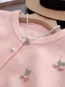 Cardigán Elegante para Mujer - Suéter de Cuello Redondo con Aplicaciones Florales, Manga Larga y Abierto al Frente, Tejido Suave y Elástico, Lavable a Máquina, Moda Otoño-Invierno, Prenda Capas, Ropa Casual de Invierno, Chic y Decorativo - Rosa - Ver 4