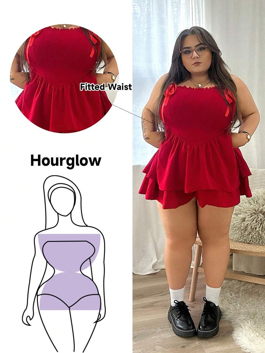 Hourglow Emily_louise_swain Plus Size Red Double-Layered Hem Tie Waist Romper With Bowknot, Perfect For Summer Vacation, For Hourglass Body Shape - Red - View 1
