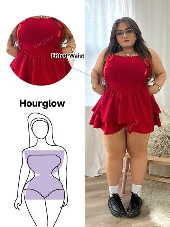 Hourglow Große Größen rotes Jumpsuit mit doppeltem Saum, Taillenband mit Schleife und V-Ausschnitt, perfekt für den Sommerurlaub
