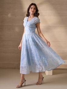 Elegant Embroidered Fabric V-Neck Back Zipper A-Line Dress, Young Fashion Design - Baby Blue - View 4