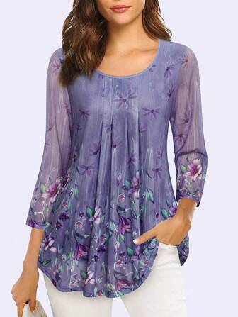 CheersLife Women's 3/4 Sleeve Tunic Tops Casual Loose Fit Floral Blouses Mesh Pleated Layered Shirt