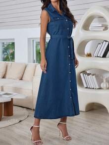 Women's Sleeveless Button-Up Denim Dress With Belt - Dark Wash - View 8