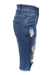 Women's Double Button Zipper Opening Denim Cropped Pants, Distressed Running Pants With Pockets, Women's Jeans And Clothing - Rửa nhẹ - Xem 6