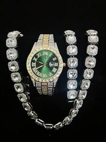 Conjunto de 3 piezas de reloj, collar y pulsera con Rhinestone, Reloj con correa de acero, calendario y caja de regalo para hombres y estudiantes, estilo hip-hop, conjunto de joyería de collar, pulsera y reloj de cumpleaños