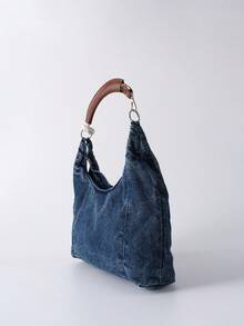 Women's Fashionable Tote Bag With Distinctive Wooden Handle Design, Chic And Versatile, Large Capacity Denim Effect With Elegant Feel, Suitable For Going Out, Dates, Photography, Commuting, Work, Office Daily Use Winter Gifts - Blue - View 7
