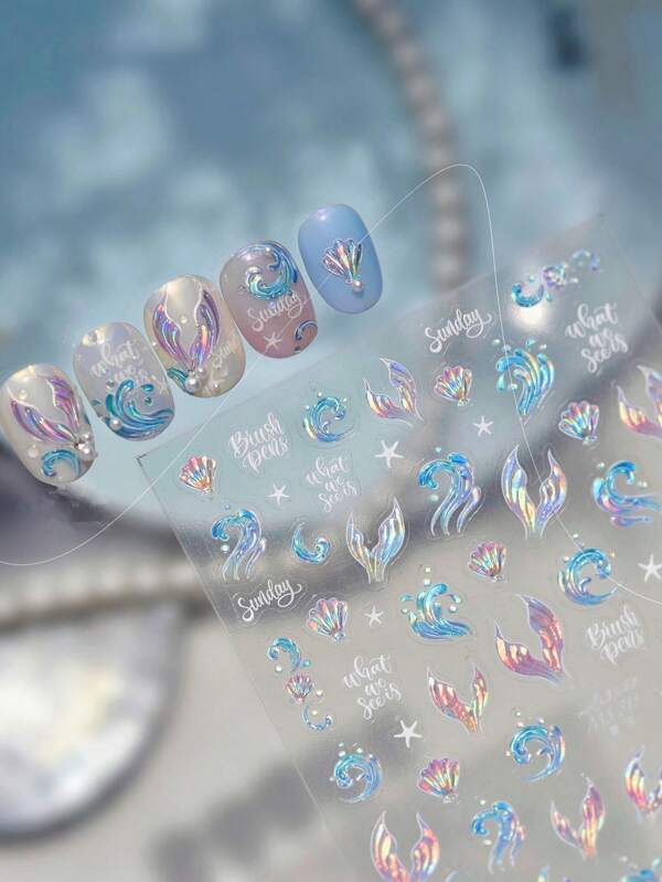 1 Sheet Mermaid Nail Sticker Summer Nails Art Stickers Shell Light Waves Fishtail Jelly Adhesive Decals DIY Manicure