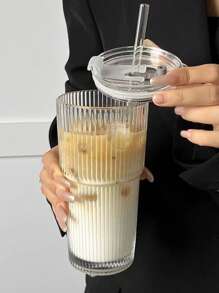 1pc Heat Resistant Glass Coffee Cup With Lid And Straw - Leak Proof Portable Hot Drink Cup, Suitable For Office And Outdoor Travel, Fashionable Straw Cup, Simple Coffee Cup With Lid, Transparent Glass Straw Cup, Office Coffee Cup, Glass Coffee Cup With Lid And Straw, Straw Cup With Lid, Coffee Cup With Straw, Beverage Cup With Lid And Straw Back To School