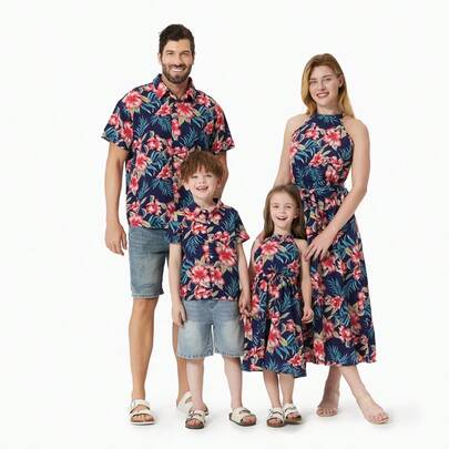 Family Matching Allover Floral Print Halterneck Dresses And Short-Sleeve Shirts Sets