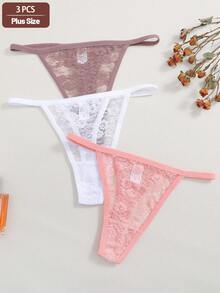 3pcs Plus Size Women's Sexy Lace Design Underwear Sets, Comfortable Solid Color Texture G-String Panties & Bras, Valentine's Style - Multicolor - View 4