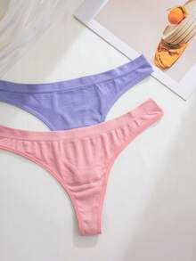 Set de 5 piezas de tanga sin costuras de cintura baja de color liso para mujer - Multicolor - Ver 5