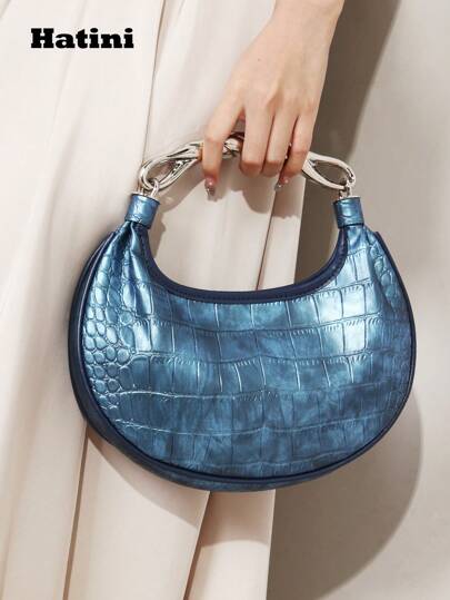 HATINI حقيبة كتف من تصميم نيش HATINI، أنيقة وفاخرة، ذات نسيج جلد التمساح، مصنوعة من جلد PU ولوحة معدنية، حقيبة سرج نصف القمر موضة، مناسبة للنساء في المكتب، التنقل، المواعدة، التسوق، المناسبات الرسمية، العطلات، الشاطئ، المهرجانات الموسيقية، الحفلات، الزفاف، المدرسة