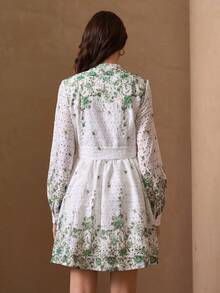 Elegant Luxury Embroidered Cotton Digitally-Printed Floral Button Decorated Ladies Long Sleeve Fresh Style Dress - White - View 2