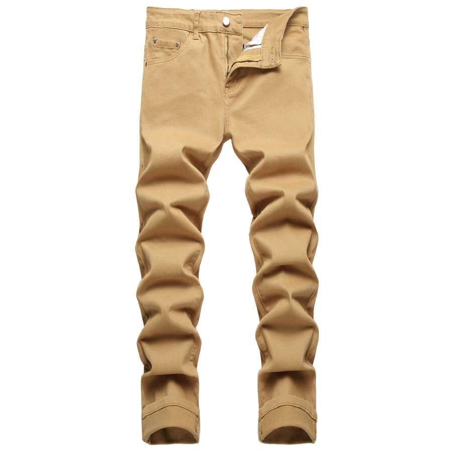 JUNBAOSS Men's Slim Fit Jeans Stretch Ripped Skinny Jeans For Men, Fashion Straight Leg Comfort Flex Waist Casual Pants - 卡其色 - 查看 1