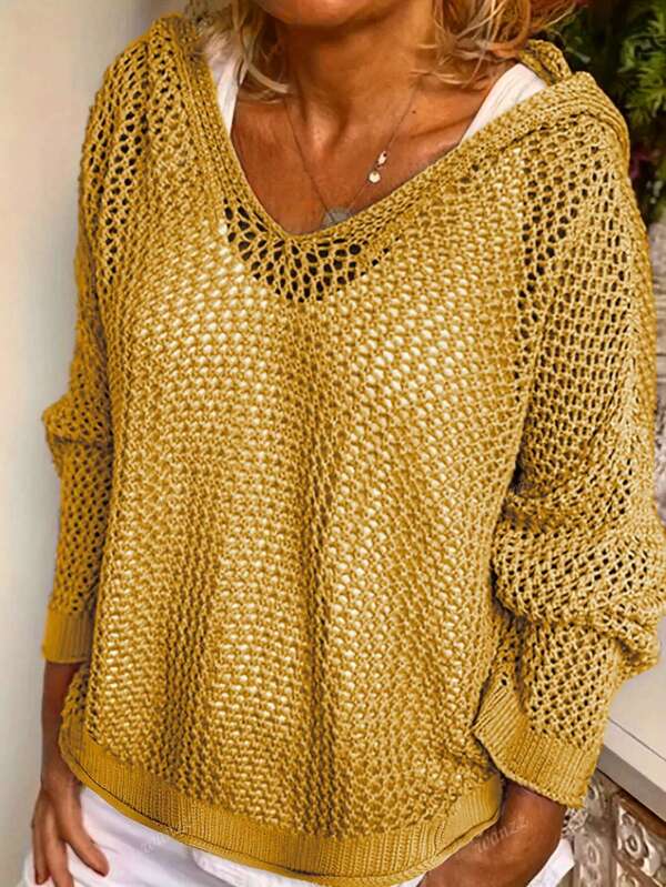 Plus Size Women's Elegant Solid Color Spring Summer Casual Minimalist Plus Size Hollow Out Semi-Sheer Long Sleeve Pullover Knit Sweater Top