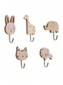 3/5pcs Cartoon Animal Wooden Decorative Wall Hook Set, DIY Home Storage & Organization Hooks For Bedroom, Bathroom, Dorm, Random Color