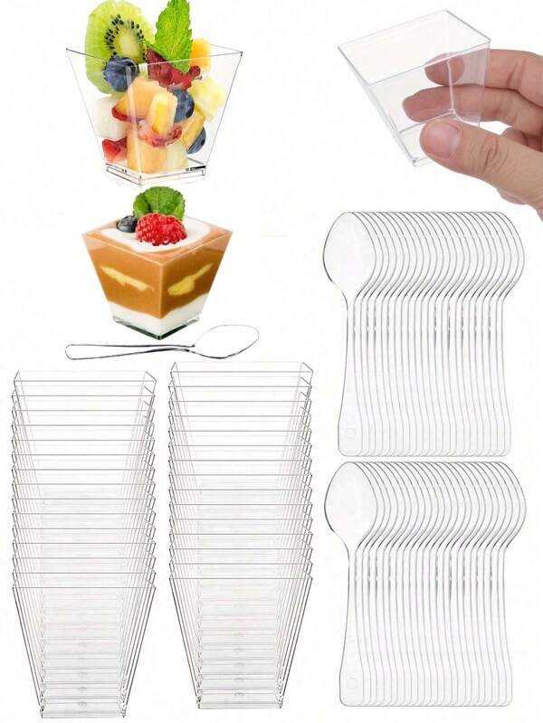 50 piezas Vasos para postre + 50 piezas Cucharas, 100-1 pieza Minivaso para pastel, Vasos para pastel de fiesta, Vasos para pudín, Cucharas de plástico para boda, Día de San Valentín, degustación de mousses de fruta y helados, fiesta de muestras de postre y copas de vino