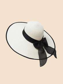 1 件女童 12-16 岁蝴蝶结丝带沙滩草帽，大遮阳帽檐夏季度假防晒遮阳宽边太阳帽，多功能