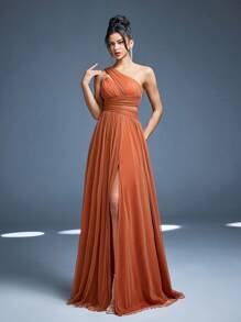 Vestido de dama de honor nueva llegada Mgiacy, con cuello cruzado, brillante, plisado solar, manga farol hueca, de gasa, corte evasé