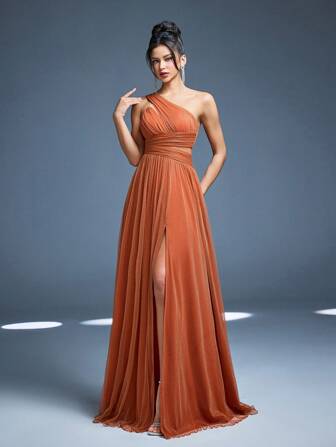 Vestido de dama de honor nueva llegada Mgiacy, con cuello cruzado, brillante, plisado solar, manga farol hueca, de gasa, corte evasé