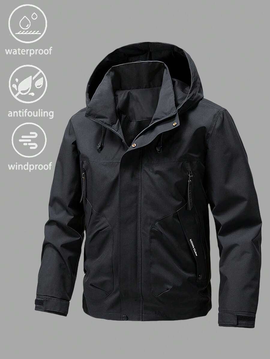 1pc Men's Boyfriend Style Lightweight, Windproof, Water-Resistant, Dirt-Resistant Outdoor Sports Jacket With Hood For Hiking, Camping, Running, Cycling, Spring & Autumn - Black - View 1