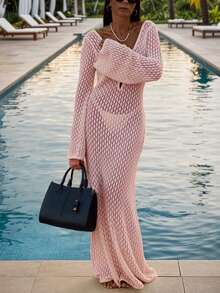 Crochet V-Neck Backless Ruched Waist Fitted Dress, Suitable For Vacation, Women's Fashion, Elegant, Sexy, Minimalist Solid Color Casual Knit Maxi Dress, Suitable For Beach, Halloween Costume, White Swimsuit, Fashionable Autumn, Valentine's Day, New Year, Year-End, Christmas Party Wear. - Pink - View 4