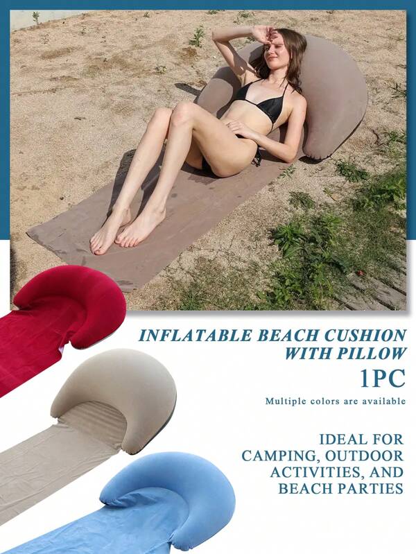1pc Portable Beach Mat With Inflatable Pillow, Outdoor Camping Beach Mat, Single Sleeping Pad, Foldable And Compact, Convenient For Beach Or Pool Use