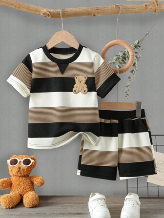 2pcs Boys Set, Striped Contrast Color Bear Embroidered Round Neck Short Sleeve Top + Striped Contrast Color Shorts, Fashion Casual Top Suitable For Daily Wear, Casual Outing, Vacation, Gatherings, Spring/Summer