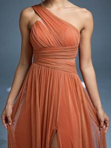 Vestido de dama de honor nueva llegada Mgiacy, con cuello cruzado, brillante, plisado solar, manga farol hueca, de gasa, corte evasé