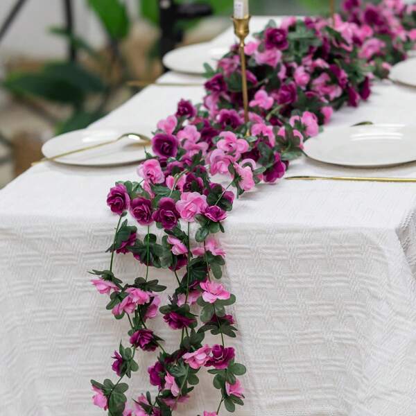 1/5pcs Exquisite Artificial Rose Vine Flowers Garland - Lifelike Small Roses With Green Leaves, Plastic Faux Floral Decor For Wedding, Home, Living Room, Wall Hanging, And Party Decoration - Easy To Shape And Hang
