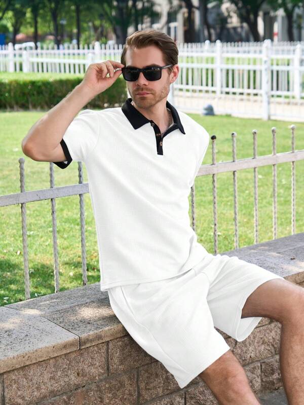 2pcs/Set Men's Jacquard Pattern Suit, Casual V-Neck Short Sleeve Pullover Sweatshirt And Drawstring Sports Pants, Suitable For Summer