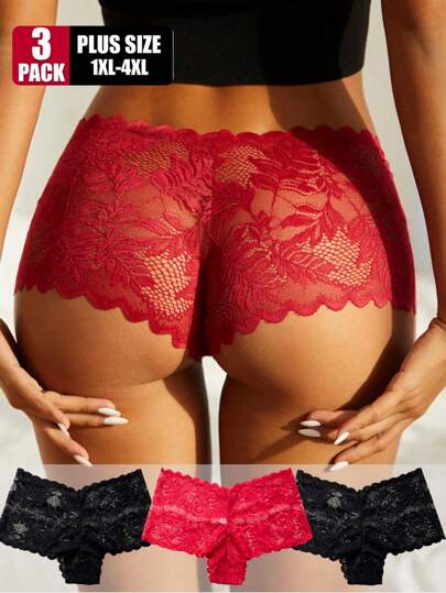 Calcinhas femininas plus size 3 peças, confortáveis, respiráveis, sensuais, de cor sólida, com acabamento em renda e alta elasticidade