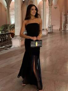 Chic Strapless Mesh Bodycon Maxi Dress With High Slit - Sexy Hot Girl Vacation Style