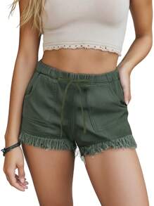 Womens Washed Denim Shorts, Casual Drawstring Elastic Waist Frayed Hem Loose Short Jeans