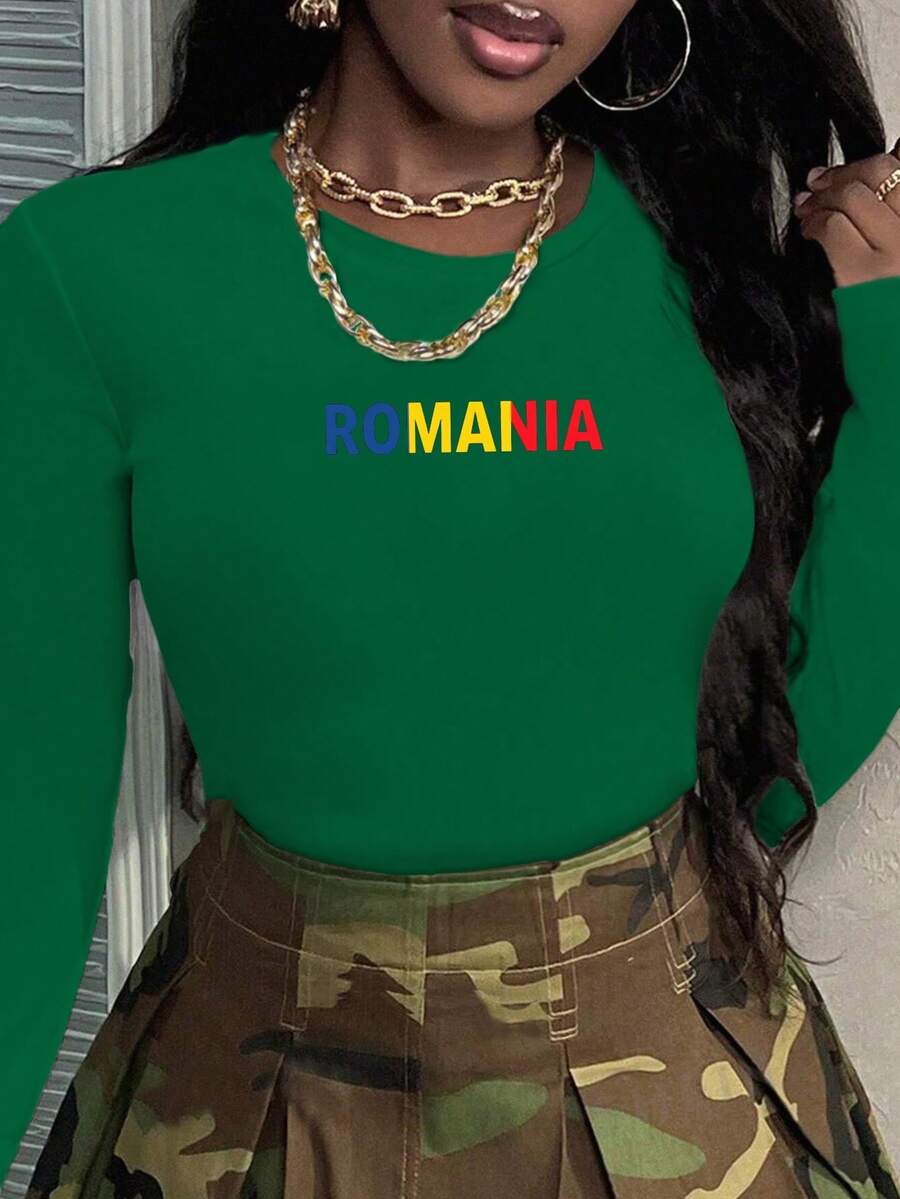 ROMANIA In Flag Colors Women's Fashion Long Sleeve Shirt - Green - View 1