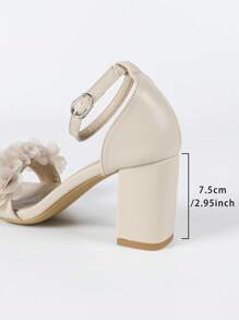 Women's Apricot Floral Decor Metal Buckle Thin Strap Square Toe Chunky Heel Sandals, Sweet & Fresh Style For Summer Casual & Holiday Wear